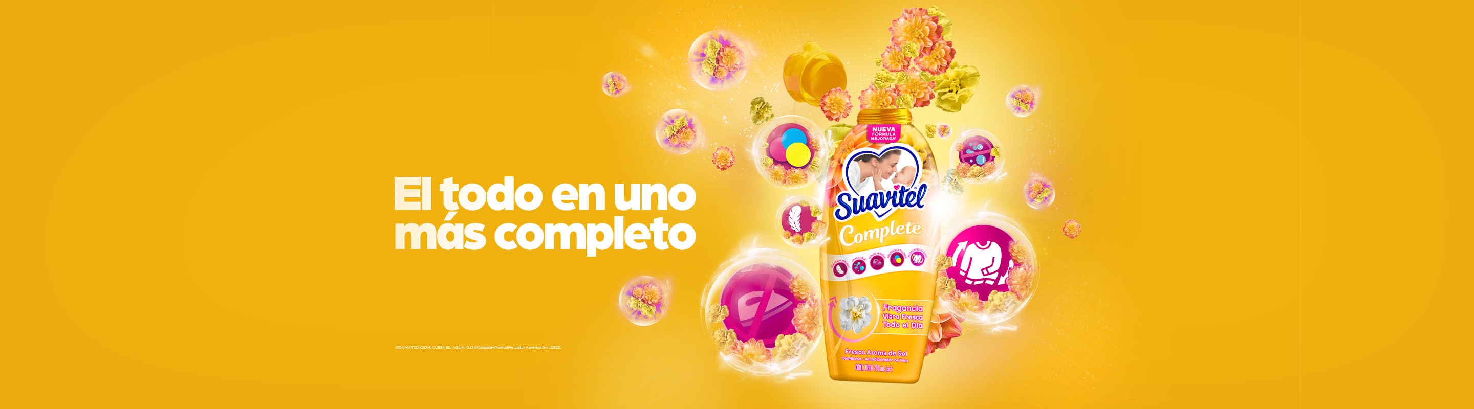 Banner de Suavitel Complete con beneficios flotando, destacando la fórmula todo en uno con frescura, suavidad y cuidado de las prendas.