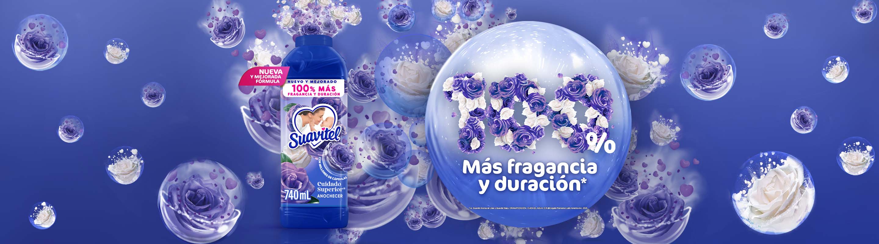 Suavitel Cuidado Superior Anochecer con 100% más fragancia y duración, rodeado de flores blancas y moradas para una frescura duradera.