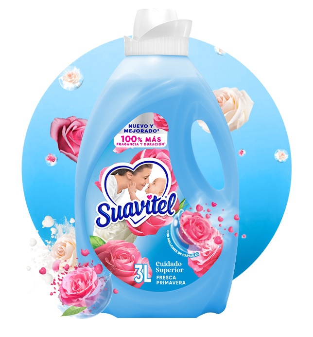 Botella de Suavitel Cuidado Superior Fresca Primavera de 3L con fragancia floral y cápsulas de frescura duradera.