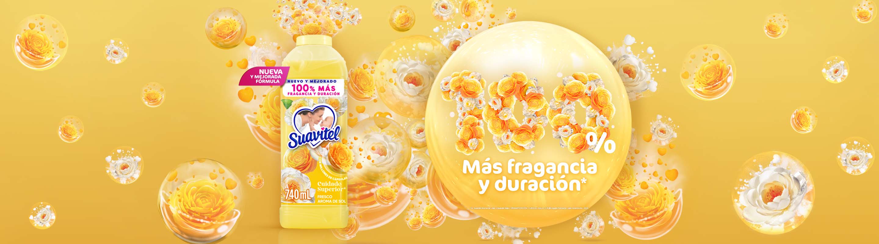 Imagen de un envase de Suavitel Cuidado Superior Fresco Aroma de Sol de 740ml rodeado de flores y destellos dorados, destacando su fórmula con 100% más fragancia y duración.