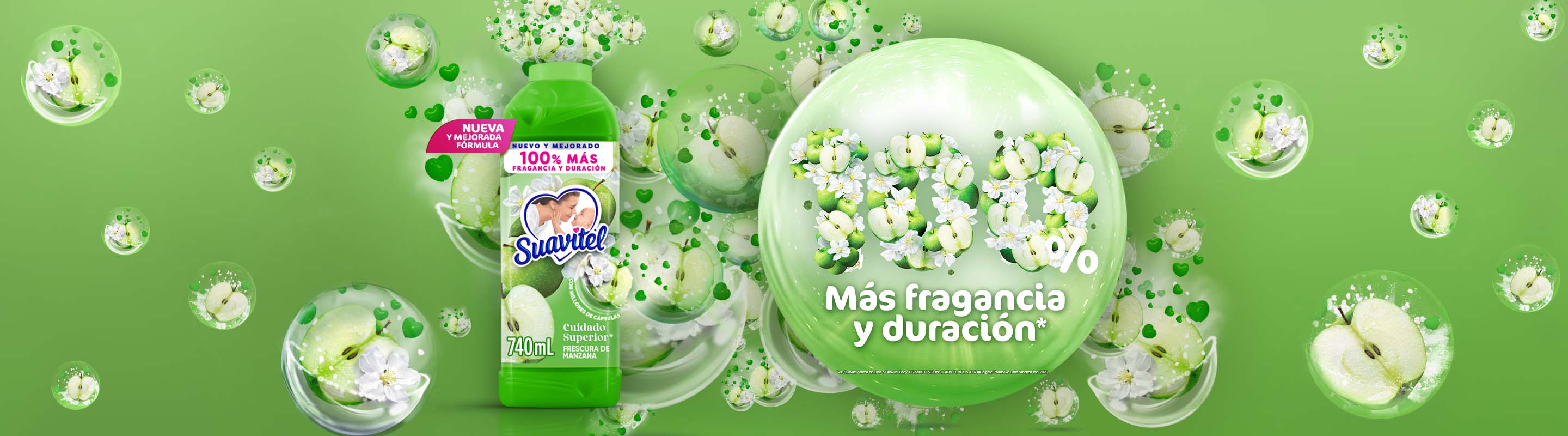 Imagen de un envase de Suavitel Cuidado Superior Frescura de Manzana rodeado de manzanas verdes y flores blancas, destacando el mensaje 100% más fragancia y duración.